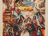 un tableau représentant un groupe de personnes debout devant un ciel