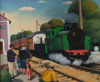 a painting of a train coming down the tracks