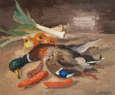 un tableau représentant des canards et des légumes posés par terre