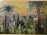 un tableau représentant un éléphant debout dans l'herbe