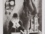 drawing of a man sitting at a desk with a clock in the background