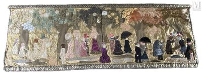 a painting of a group of people walking in a park