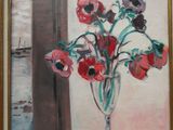 a painting of flowers in a glass vase on a table