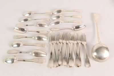 a lot of silver spoons and spoons laid out on a table