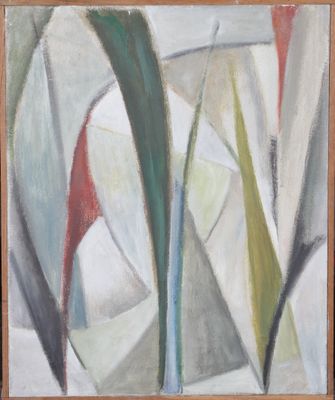 painting of abstract shapes in a wooden frame on a wall