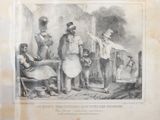 a drawing of a group of men standing in front of a building