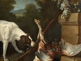 painting of a white dog and a brown dog with a bird in its mouth