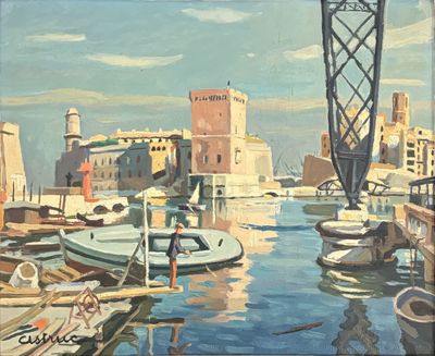 a painting of a harbor scene with boats in the water