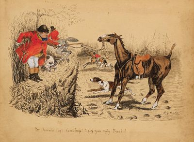 painting of a man on a horse and a dog in a field