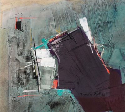 abstract painting of a building with a red roof and a blue sky