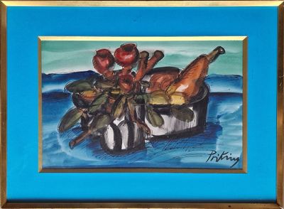 tableau représentant une nature morte composée de fruits et de fleurs dans un vase