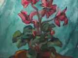une peinture représentant une fleur rose dans un pot posé sur une table