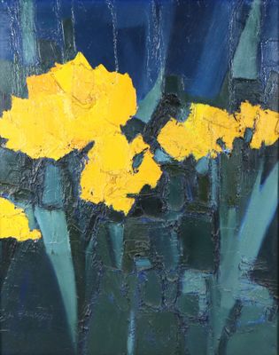 tableau représentant des fleurs jaunes sur un fond bleu foncé
