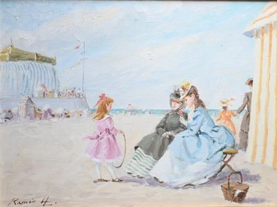 a painting of a woman and a child on the beach