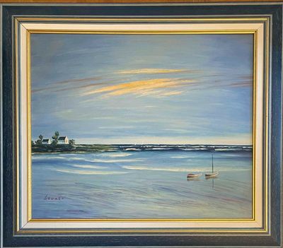 an oil painting of a sailboat in the ocean with a lighthouse in the background