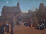 une peinture représentant un groupe de personnes devant un bâtiment