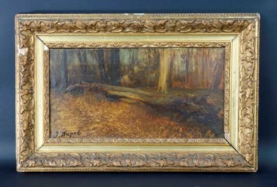 une peinture à l'huile représentant une scène de forêt avec un banc au premier plan