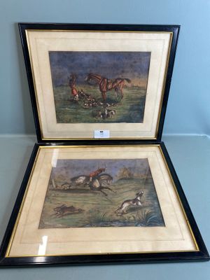 ECOLE XIXème siècle Scène de chasse à courre. Deux pastels e… - Photo 1