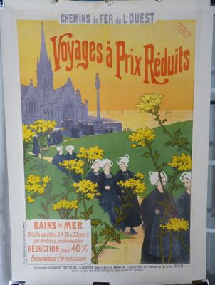 affiche représentant un groupe de femmes marchant sur un sentier devant un château