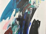 abstract painting of blue, red, and black paint on a white background
