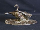 bronze sculpture of a duck on a rock on a black background