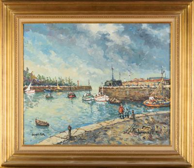 une peinture à l'huile d'une scène portuaire avec des bateaux dans l'eau