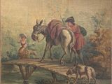 painting of a man on a donkey crossing a bridge with a dog