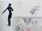 several sketches of a man in a black suit and a cow