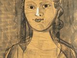 dessin représentant une femme vêtue d'une robe marron et portant un bandeau noir