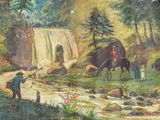 a painting of a man riding a horse next to a waterfall