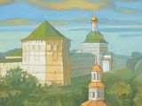 painting of a painting of a church in a field with trees in the foreground