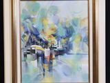 an oil painting of a cityscape in a gold frame on a black wall