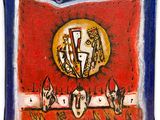 une image représentant un tableau où l'on voit une horloge accrochée à un mur rouge