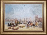 une peinture à l'huile représentant des personnes sur la plage, avec des bateaux en arrière-plan