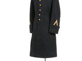 an image of a black coat with gold buttons on a mannequin stand