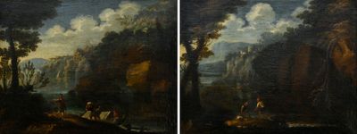 deux photos d'un tableau représentant un paysage de montagne avec des personnages au premier plan