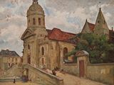 une peinture représentant une église avec un clocher sur le côté