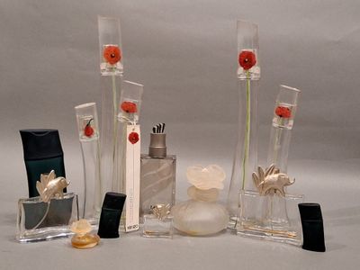 de nombreux parfums et flacons de parfum de toutes sortes posés sur une table