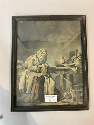 a painting of a woman sitting at a table with a cat