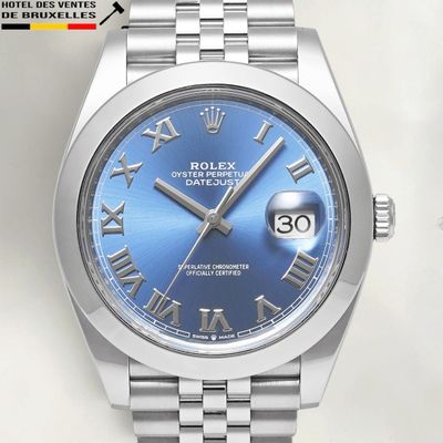 a watch with roman numerals and a blue dial