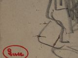 drawing of a woman sitting on the ground with a red marker