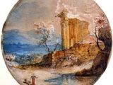 une image représentant un château peint sur une colline près d'un plan d'eau