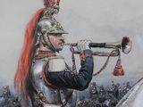 a painting of a man on a horse playing a trumpet