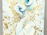a painting of a white rabbit with gold spots on it ' s face
