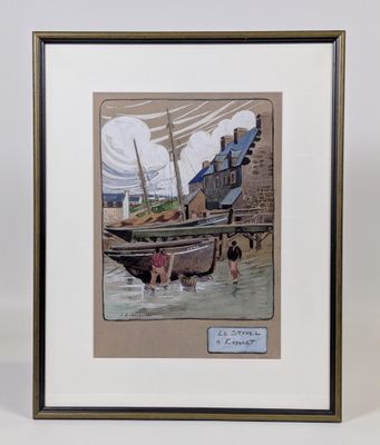 peinture d'un bateau sur un plan d'eau avec un bâtiment en arrière-plan