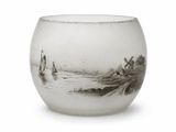 a glass vase with a picture of a boat in the water