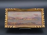 une peinture à l'huile d'un paysage avec des montagnes en arrière-plan