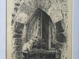 drawing of a dog sitting on a bench in front of a stone arch