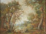an oil painting of a wooded scene with a river and trees