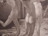 un tableau représentant trois hommes nus portant un morceau de bois sur leurs épaules